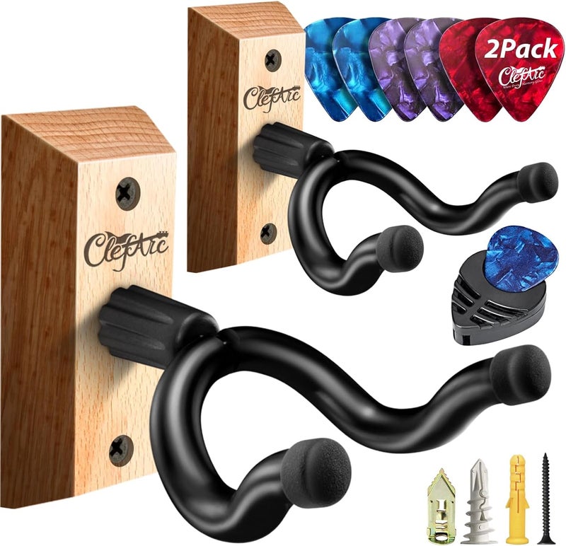 ClefArc Guitar Wall Mount Beech Wood - 2 Pack U-Shape Guitar Wall Hangers, Guitar Picks, Pick Holder, Guitar Stand Wall, Guitar Hanger, Gifts for Guitarists, with 6 Assorted Guitar Picks - Image 1